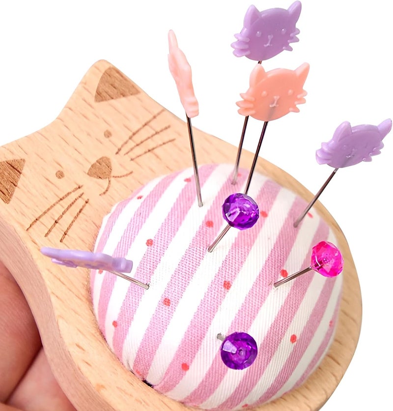GadgetNova Cute Cat Pin Cushion Kit–Adorable Pincushion with 80 Craft Positioning Pins,Wooden Base Pin Cushions for Sewing Quilting and Needlepoint DIY Projects - Image 3